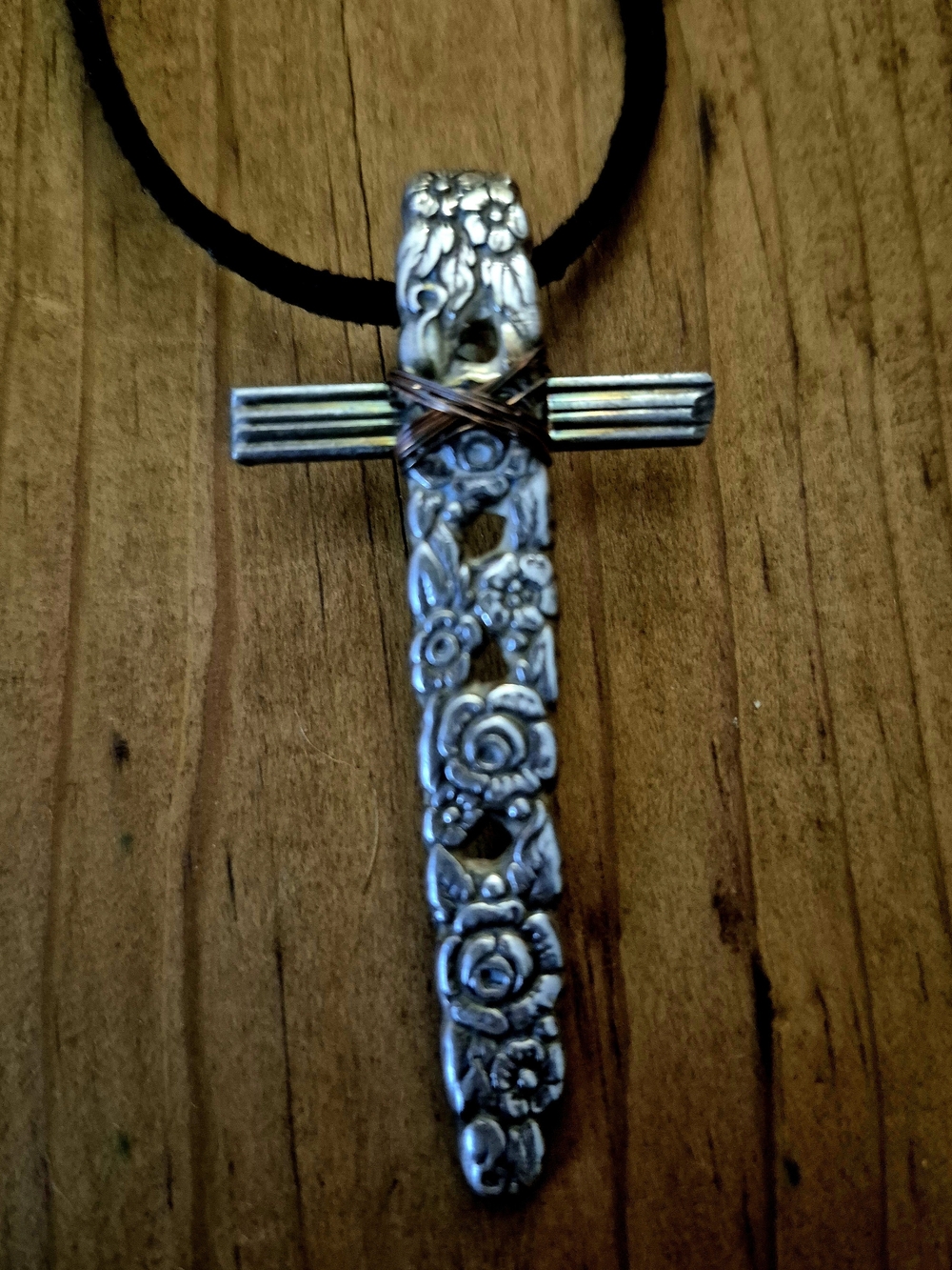 Handmade Vintage Wm. A. Rogers Silverware & Copper Cross Necklace